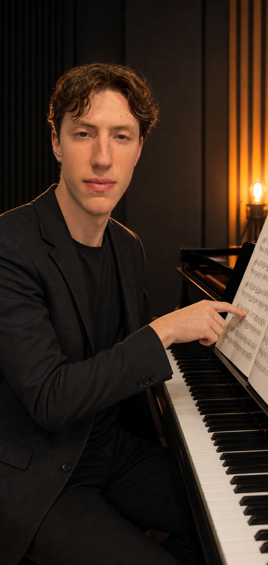 Piano instructor teaching with sheet music beside the keyboard