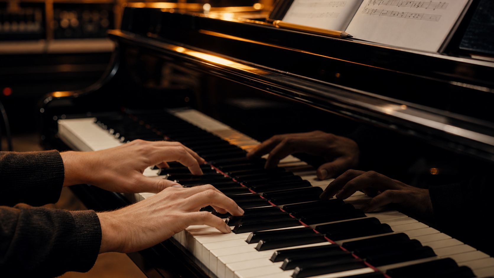 Hands practicing piano scales in warm studio light